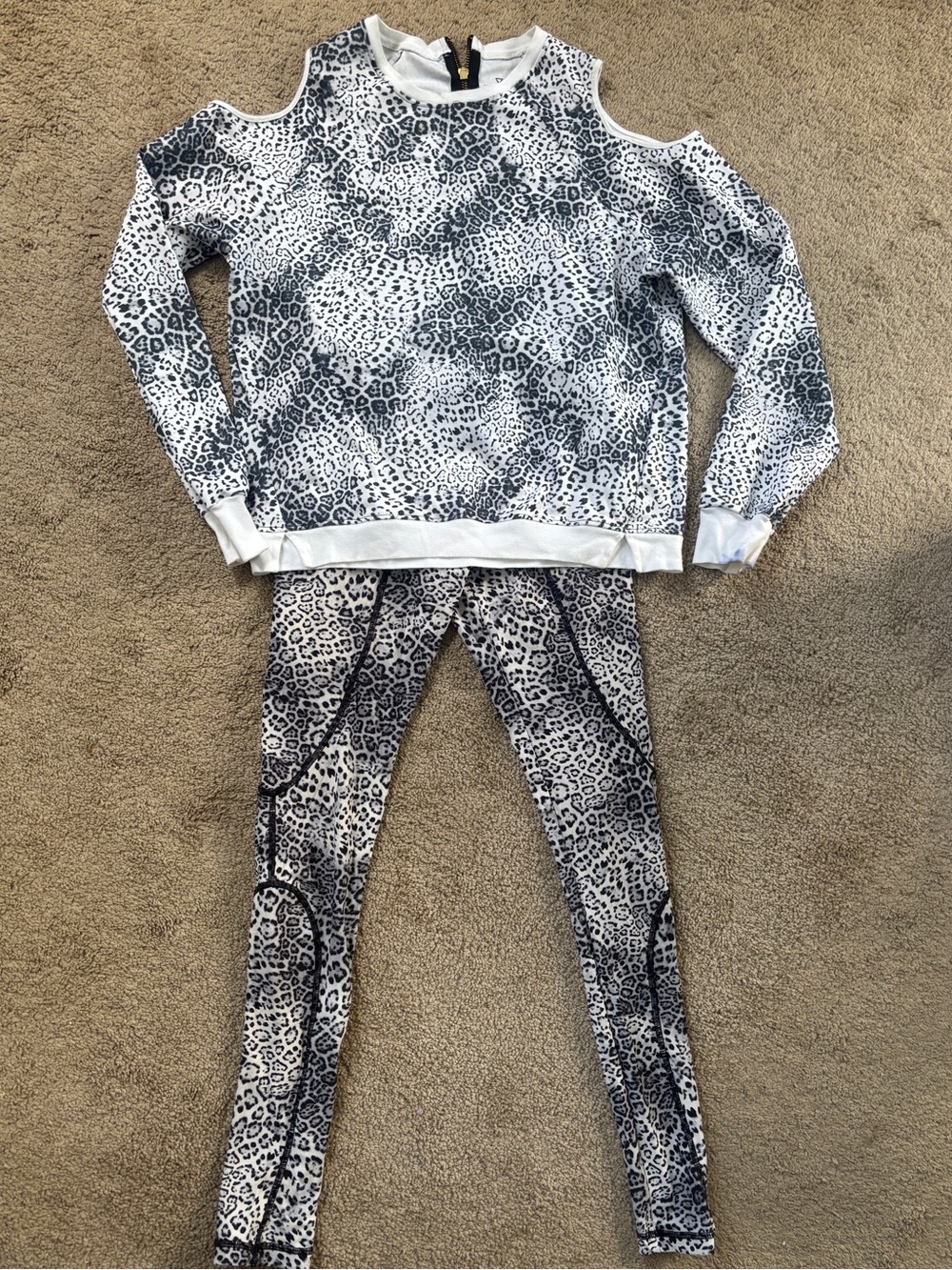 Varley White and Black Leopard Cold-Shoulder Sweatshirt & Leggings Set
